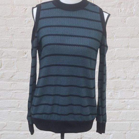 TEAL GREEN STRIPE COLD SHOULDER WAFFLE KNIT TOP - Picture 5 of 11
